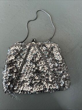 Vintage Sequin Evening Clutch Handbag - Silver